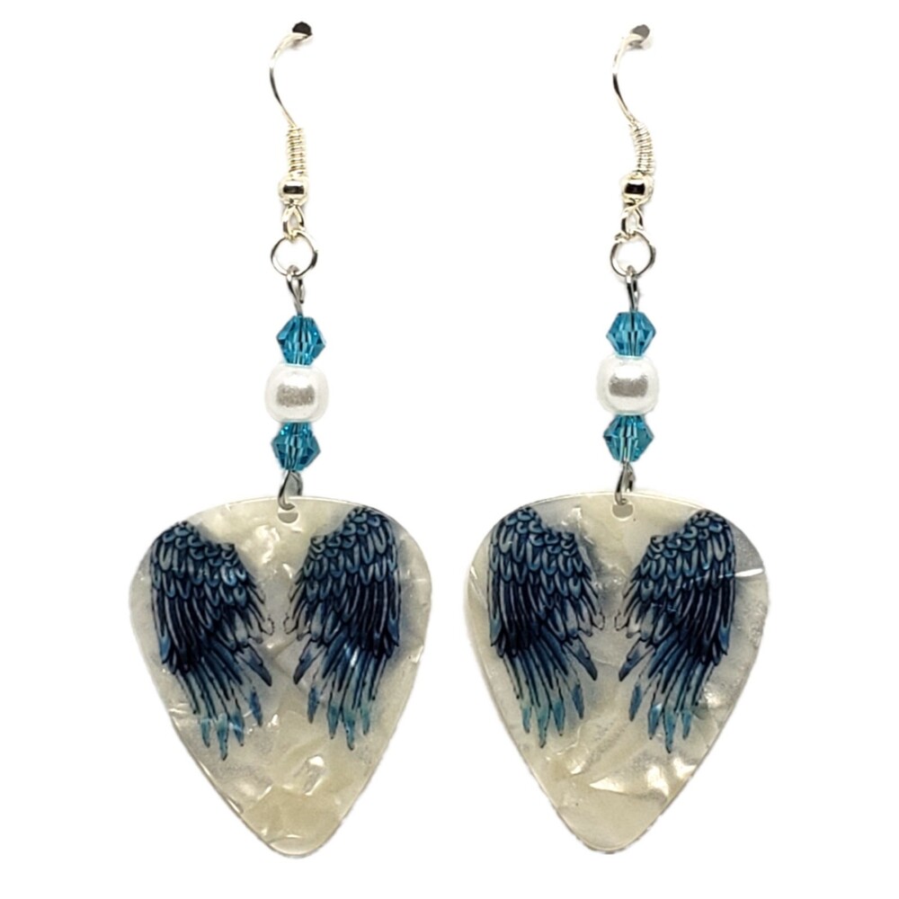 Long Angel Wings on Guitar Pick Beaded Earrings - Handmade in USA New